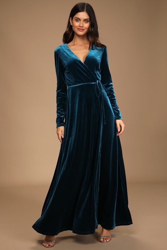 Lovely Teal Blue Dress - Long Sleeve Dress - Velvet Wrap Maxi - Lulus